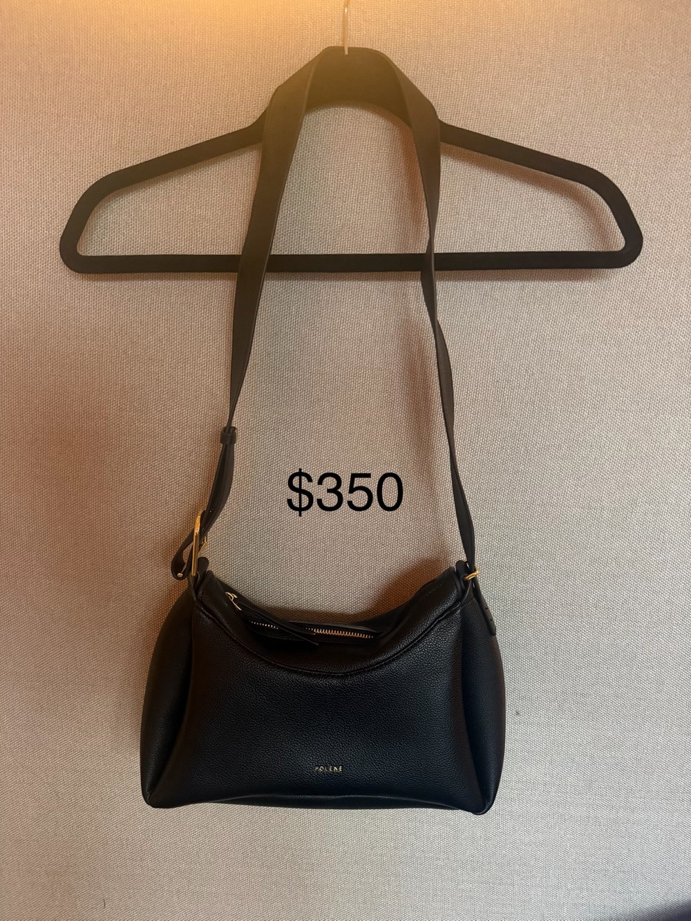 Polene Black Pebbled Leather Shoulder Bag with Gold Hardware